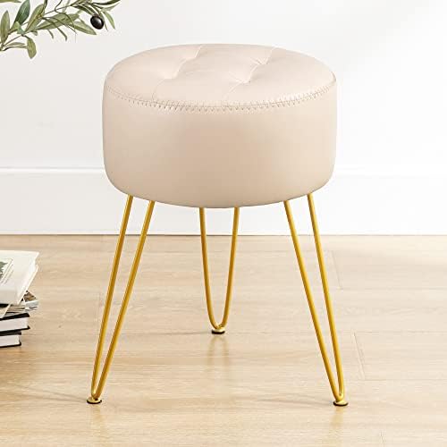 LUE BONA Faux Leather Vanity Stool Chair for Makeup Room, Almond Stool for Vanity, 19” Height, Tufted Small Vanity Chair Stool with Metal Legs, Modern Foot Stool Ottoman for Bedroom, Living Room