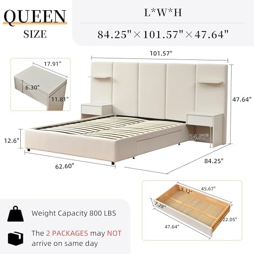 Queen Size Bed Frame with Storage & Built-in Nightstands & Drawers, Beige