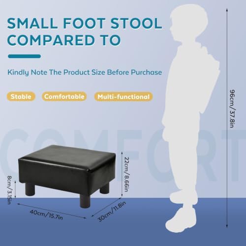 Small Foot Stool Ottoman, Faux Leather Footstool Ottoman Foot Rest for Couch, Rectangle Footstools and Ottomans Small for Living Room, Entryway and Bedroom (Black)