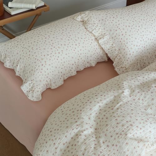 BuLuTu Girls Duvet Cover Twin Kids Comforter Cover Pink Floral Print Quilt Cover Ruffled Bedding Decor, Pure Cotton Gauze Duvet Cover for All Seasons, Soft Lightweight Breathable, Machine Washable