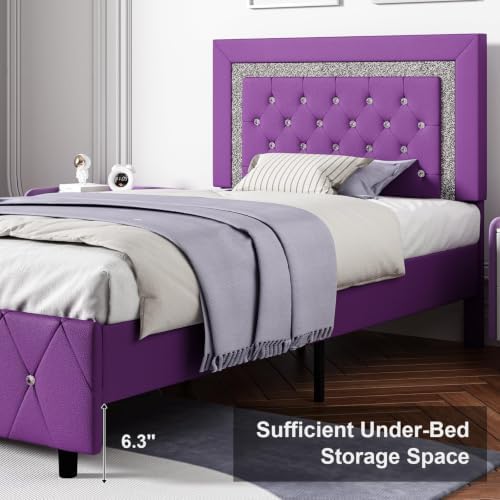 Twin Bed Frame,Faux Leather Upholstered Bed with Diamond Headboard