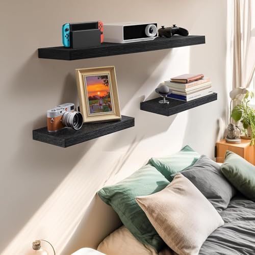 Amada 15 Inch Floating Shelves with Invisible Brackets, Set of 2, Black