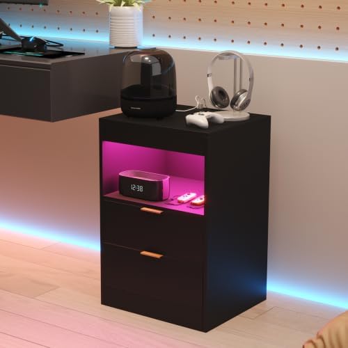 Yusong Nightstand, LED Nightstand with Charging Station, Black