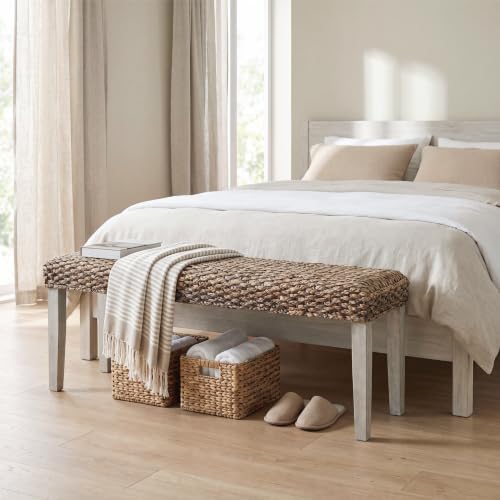 Solid Acacia Wood Bench with Natural Woven Water Hyacinth Seat, Grey Leg