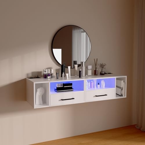 Homaterial Floating Nightstand with Charging Station & Lights, White