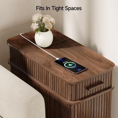 ONBRILL Fluted End Table with Charging Station, Narrow Side Table with Drawers, Wood Skinny Nightstand with Storage, Mid-Century Modern Bedside Tables for Small Space Living Room Bedroom Sofa Couch