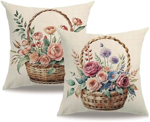 7COLORROOM 2Pack Pink Flower Pillow Covers Outdoor Garden Decoration Cushion Covers Farmhouse Rustic Colorful Spring Flower Home Décor Pillowcases 18x18 inch for Patio Sofa Bed(Pink/Blue,)