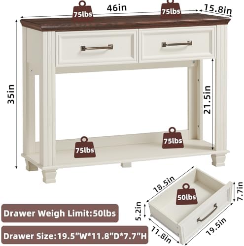 SAVOR LIFE 46" Farmhouse Console Table with Drawers, White Entryway Table