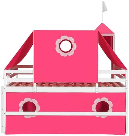 Full Size Castle Loft Bed with Slide & Pink Tent and Tower, Playhouse Design Spacious Under Bed Space with Curtains, Wood Tent Bed Frame for Kids Boys Girls(Pink,Full)