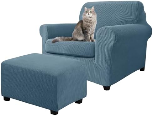 3 Piece Stretch Matching Chair and Ottoman Slipcover Set, Jacquard Arm Chair/Ottoman/Fitted Seat Covers, Non-Slip Accent Armchair and Foot Stool Slip Cover (Dust Blue,3 Pieces Set)