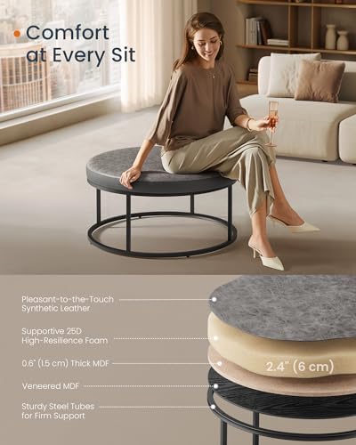SONGMICS Home Ottoman, Round Coffee Table, Reversible Top, Steel Frame