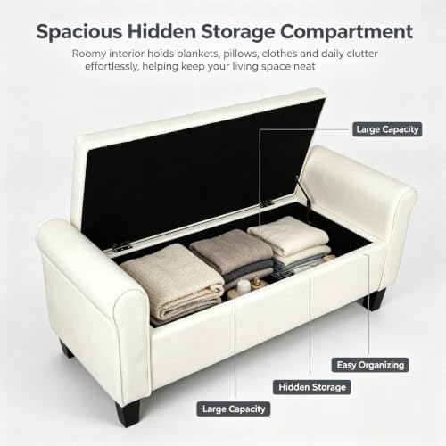 51 Inch White Linen Storage Ottoman Bench with Rolled Armrests