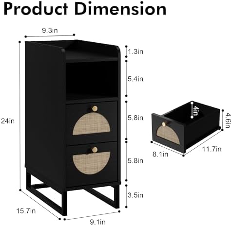 Narrow Nightstand for Small Spaces - 9.3" Slim Side Table with Rattan-Weave Drawers, Skinny Bedside Table with Open Shelf, Rustic Tall Thin Gap Filler for Bedroom & Sofa Side, Black, Set of 2