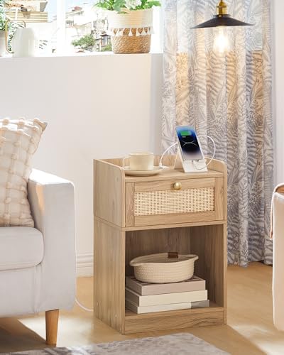 CHOEZON Rattan Nightstands Set of 2 with Charging Station, Boho Nightstand, Rattan Bedside Tables with Drawer, Storage Side Table with 2 USB Ports, Bedroom, Natural MBZ01UP2WO