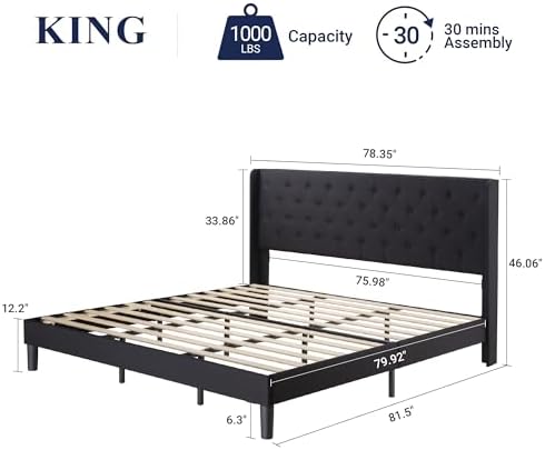 Allewie King Size Bed Frame with Button Tufted Wingback Headboard, Black