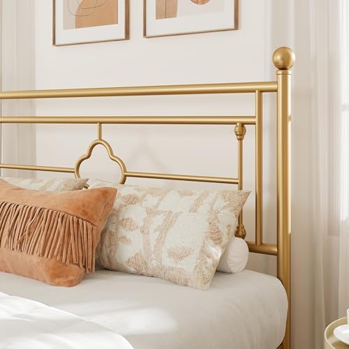 Allewie King Size Metal Platform Bed Frame, Victorian Headboard, Gold