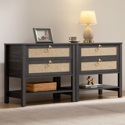 SICOTAS Rattan Nightstand Set of 2, Wide Boho Bedside Table with 2 Drawers