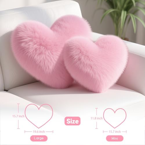 Pink Heart Pillow, Faux Fox Fur Heart Decorative Pillows, Heart Shaped Throw Pillow for Bed, Soft Fluffy Decorative Cushion for Chair Sofa Living Room - Plush Pillow Home Decor
