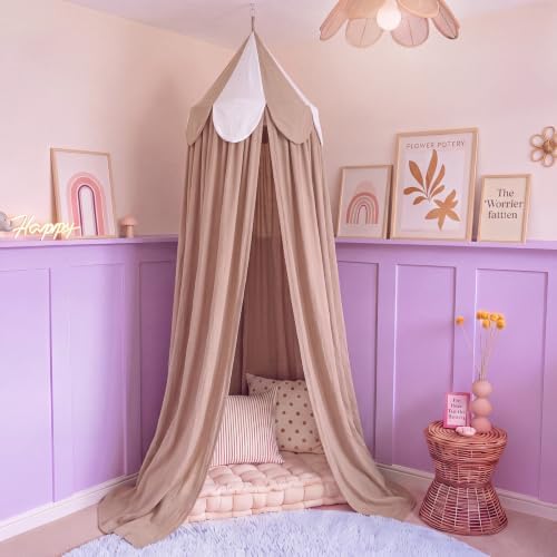 Bed Canopy with Scalloped Edge, 2 Panel Striped, Khaki