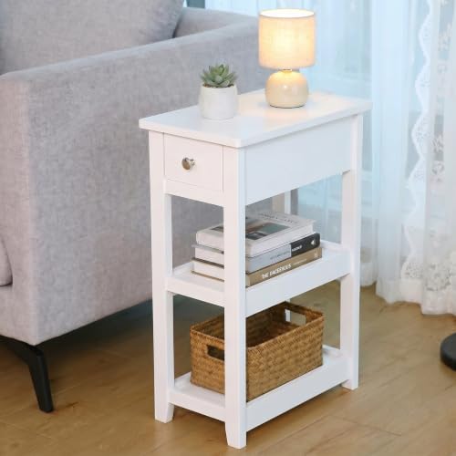 SEJOV Narrow Side Table, Small White End Table with Drawer and 2 Shelves