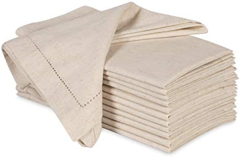 Ramanta Home Natural Cloth Dinner Napkin Set of 12-20x20 Inch, Premium Cotton Linen Flax Hemstitched Napkins, Soft Durable Washable for Everyday Use Thanksgiving Christmas Parties Halloween