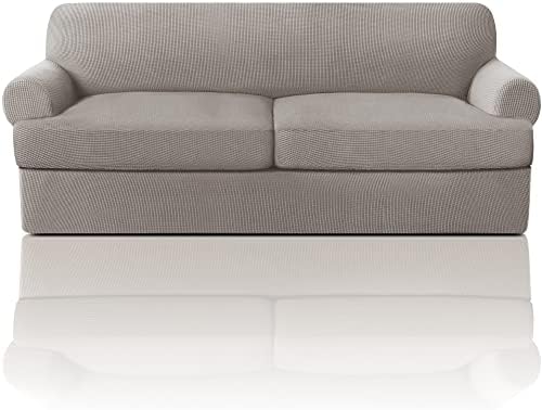 PrinceDeco T Cushion Sofa Slipcover 3 Pieces Sofa Covers for T Cushion Couch Soft Couch Covers Sofa Slip Cover Furniture Covers with 2 Individual T Shape Seat Covers Width Up to 88", Taupe