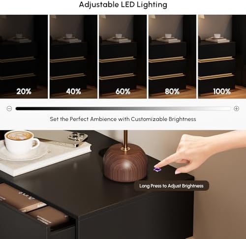 homary Smart Night Stand with Wireless Charging Station - Smart LED Nightstand with 3 Drawers, Black Bedside Table for Bedroom Living Room