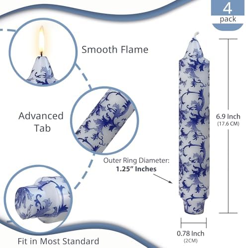 NJAO HOO Floral Taper Candles 7 Inch Short Candlesticks Hand Printed Blue and White Candlesticks Unscented Tapered Candle Set for Spring Home Garden Decor, 4Pcs