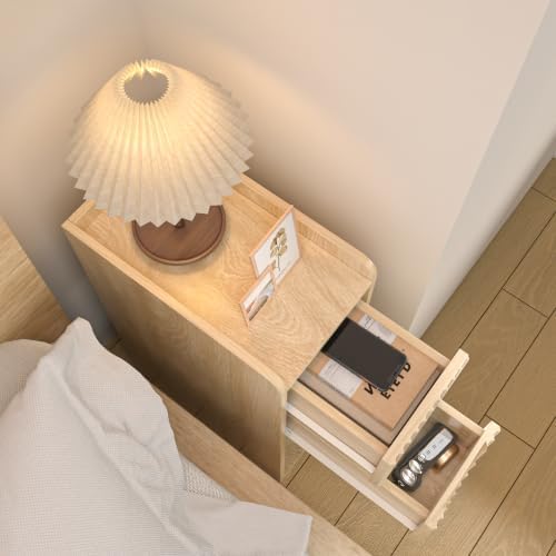 Narrow Fluted Nightstand Set of 2, Small 2 Drawer Nightstand, Wood Slim Bedside Table, Vintage End Table, Mid Century Modern Night Stand for Living Room, Bedroom, Wooden, Natural