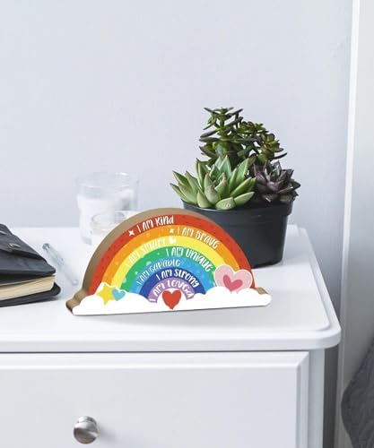 Putuo Decor Inspirational Nursery Decor, Boho Rainbow Wooden Tabletop Decor, Positive Affirmations Wooden Ornament for Room Classroom Shelf Desk Home Space