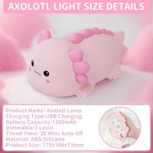Axolotl Silicone Nursery Night Light, Dimmable LED Night Lamp with Timer,Cute Squishy Animal Rechargeable Lamp with Touch Sensor Gifts for Kids Girls&Baby Room Decor (Axolotl B)
