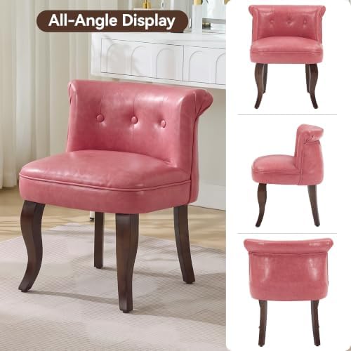 WUTUTUEE Leather Vanity Chair with Back, Tufted Upholstered Vanity Stool with Solid Wood Legs, Mid Century Small Makeup Chair for Vanity, Accent Chair for Bedroom, Living Room, Pink