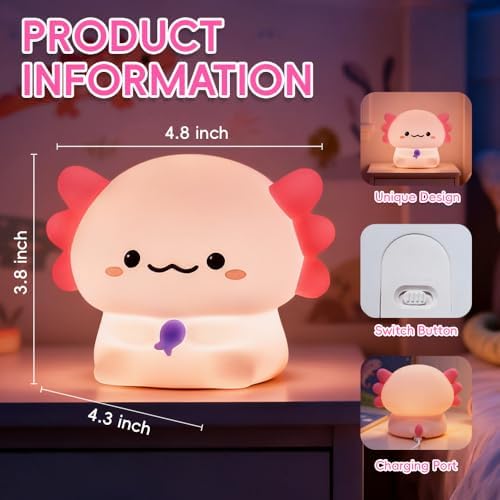 Axolotl Night Light for Kids, Rechargeable Lamp with Timer, Cute Room Decor