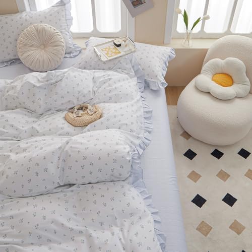 Blue Ruffle Duvet Cover 100% Cotton Twin(68"x86"),Blue Floral