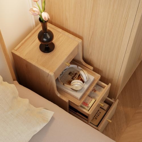 AQIMUELE Solid Wood Narrow Nightstand with 3 Drawers,Light Wood Color 11.8"