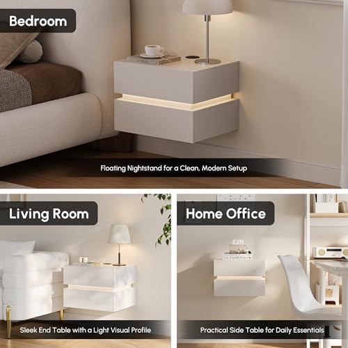 Modern Floating Nightstand with LED Light, Wall Mounted Minimalist Bedside Table with 2 Drawers, Luxury Space Saving Bedroom Furniture for Modern Interiors, White