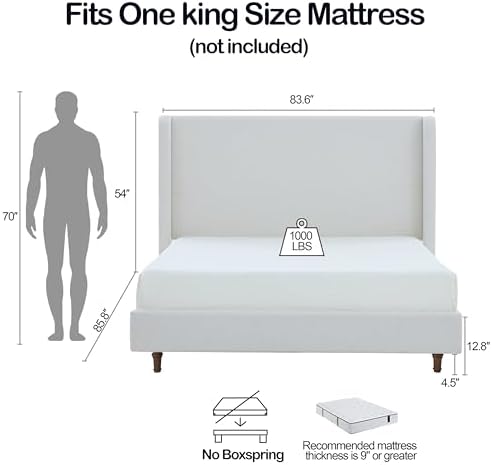King 54" Harper Tall Headboard Wingback Upholstered Platform Bed Frame Premium Elegant Simplicity for Bedroom Strong Wood Slats Support No Box Spring Needed No Noise Cream White Boucle