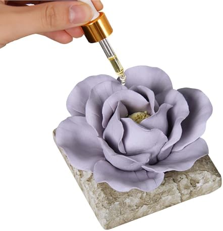 Ceramic Passive Essential Oil Diffuser, Aesthetic Desktop Handmade Flower & Concrete Base, Porcelain Aromatherapy Oils Diffuser for Home, Office, Yoga, Spa Room (Purple Peony)