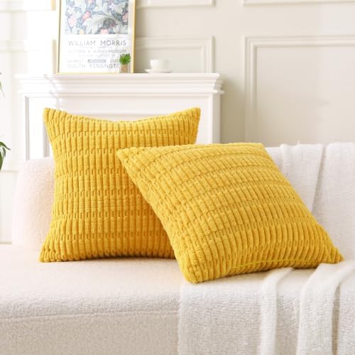 2 Pack Corduroy Decorative Throw Pillow with Inserts, 18x18 Inch Soft Boho Throw Pillow, Square Striped Throw Pillows for Couch, Bed, Sofa Decor