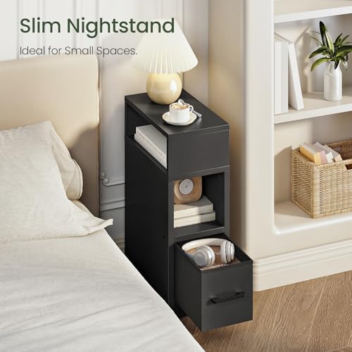 CHOEZON Narrow Side Table, 7.9" Small Nightstand with Drawer, Skinny Bedside Table, for Small Spaces, Flexible Open Compartment, for Bedroom, Living Room, Black MBZ11BB