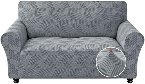 JIVINER 1 Piece Couch Cover for 2 Cushion Couch, High Stretch Loveseat Covers with Elastic Bottom, Washable Sofa Slipcovers for Dog, Pets Feature Geometrical Jacquard Fabric (Loveseat, Light Grey)