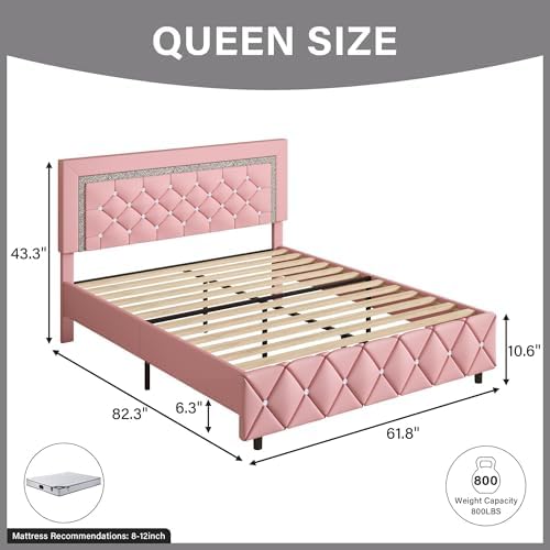 Queen Size Bed Frame, Faux Leather Upholstered Bed with Diamond Headboard