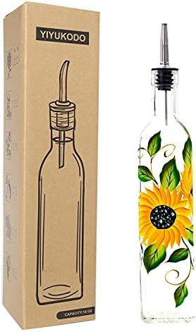 17oz Hand Painted Glass Olive Oil Bottle Dispenser - 500ml Green Oil & Vinegar Cruet with Pourers - Olive Oil Carafe Decanter for Kitchen (sunflower2)