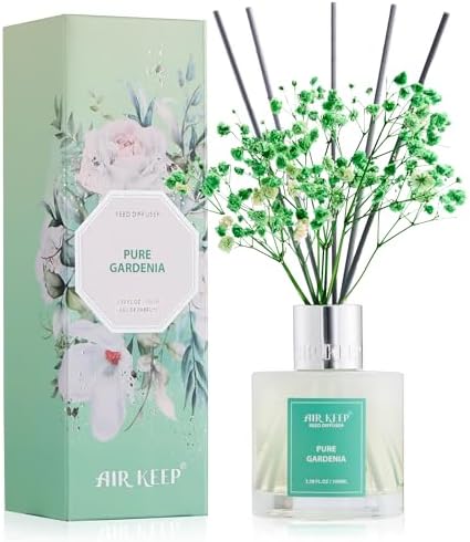 Airkeep Reed Diffuser Set,3.38 fl oz (100 ml) - Pure Gardenia Oil Diffusers with 8 Reed Sticks, Home Fragrance Reed Diffuser for Bathroom Shelf Decor
