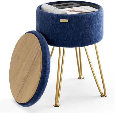 Round Ottoman with Storage, Textured Velvet Storage Ottoman, Foot Stool Ottomans, Makeup Vanity Stool, Small Ottomans Foot Rest, Modern Vanity Stools for Living Room and Bedroom, Blue