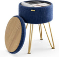 Round Ottoman with Storage, Textured Velvet Storage Ottoman, Foot Stool Ottomans, Makeup Vanity Stool, Small Ottomans Foot Rest, Modern Vanity Stools for Living Room and Bedroom, Blue