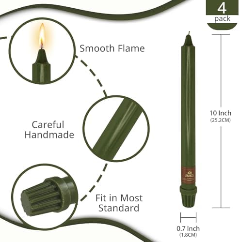 NJAO HOO Olive Green Taper Candle 10 Inch Christmas Candlesticks Unscented Dripless Handmade Candles for Home Decor Dinner New Year Party, 4 Pack