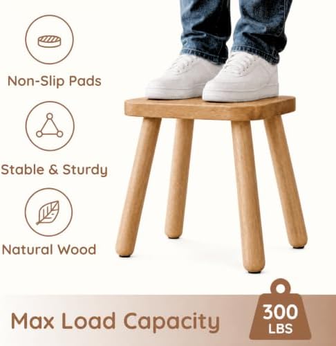 Youeon 12 Inch Square Solid Wooden Step Stool, Non-Slip One Step Stool for Adults, Holds up to 300 Lbs, Portable & Sturdy, Footstool for Bedroom, Bathroom, Kitchen, Easy to Assemble