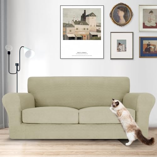 MAXIJIN 3 Piece Couch Covers for 2 Cushion Couch Sofa Cover, Stretch Loveseat Sofa Slipcovers for Sofas with 2 Large Cushions, Thick Dogs Pet Furniture Covers (71"-91", Khaki)