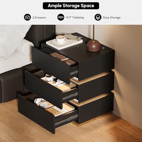 homary Smart Night Stand with Wireless Charging Station - Smart LED Nightstand with 3 Drawers, Black Bedside Table for Bedroom Living Room